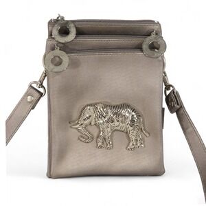 Vintage NIMA CROSSBODY PURSE Bag Warm Pewter Color Silver Elephant Figural Front